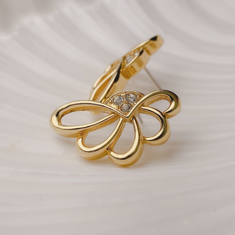 Vintage Avon Art Nouveau Asymmetrical Scallop Fan Shape Gold Rhinestone Earrings - Picture 3 of 8